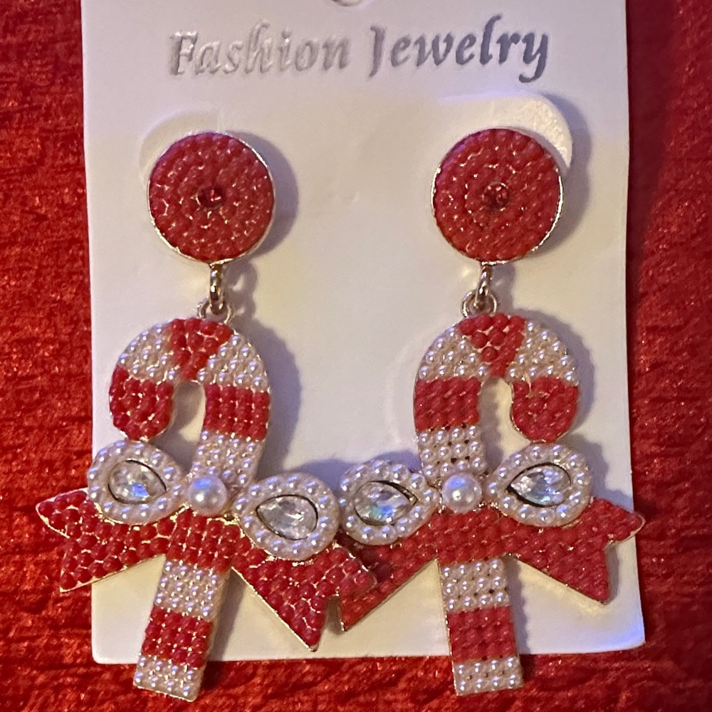 Red and White Beaded Candy Cane Earrings